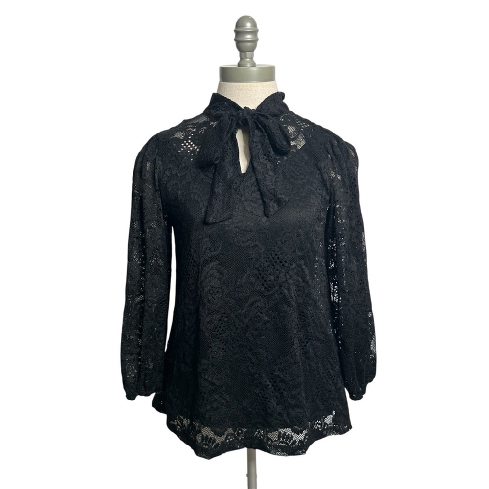 Cable & Gauge Black Lace Tie Neck Long Sleeve Blouse Women’s Size Small - Picture 4 of 11